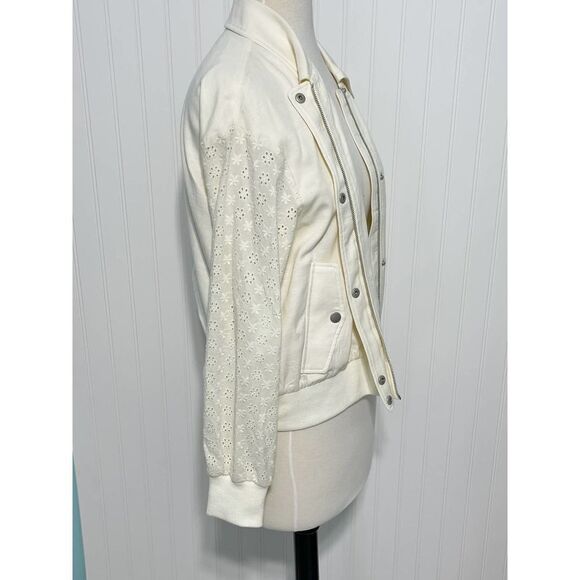 7 For All Mankind Eyelet Sleeve Casual Jacket Zip Up Button Up Cream Small - Picture 4 of 11